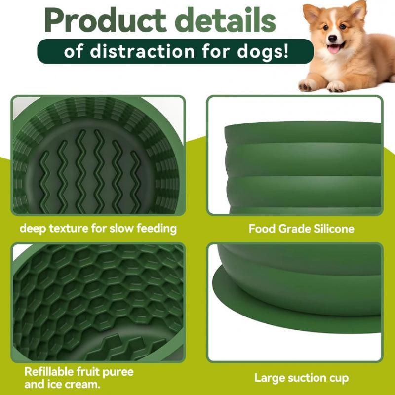 Silicone Slow Feeder Dog Bowl - Small Green 9.4 x 9.4 x 8.2 cm, Suction Base, Anti Gulp Design, Easy Clean Pet Bowl for Dogs and Cats