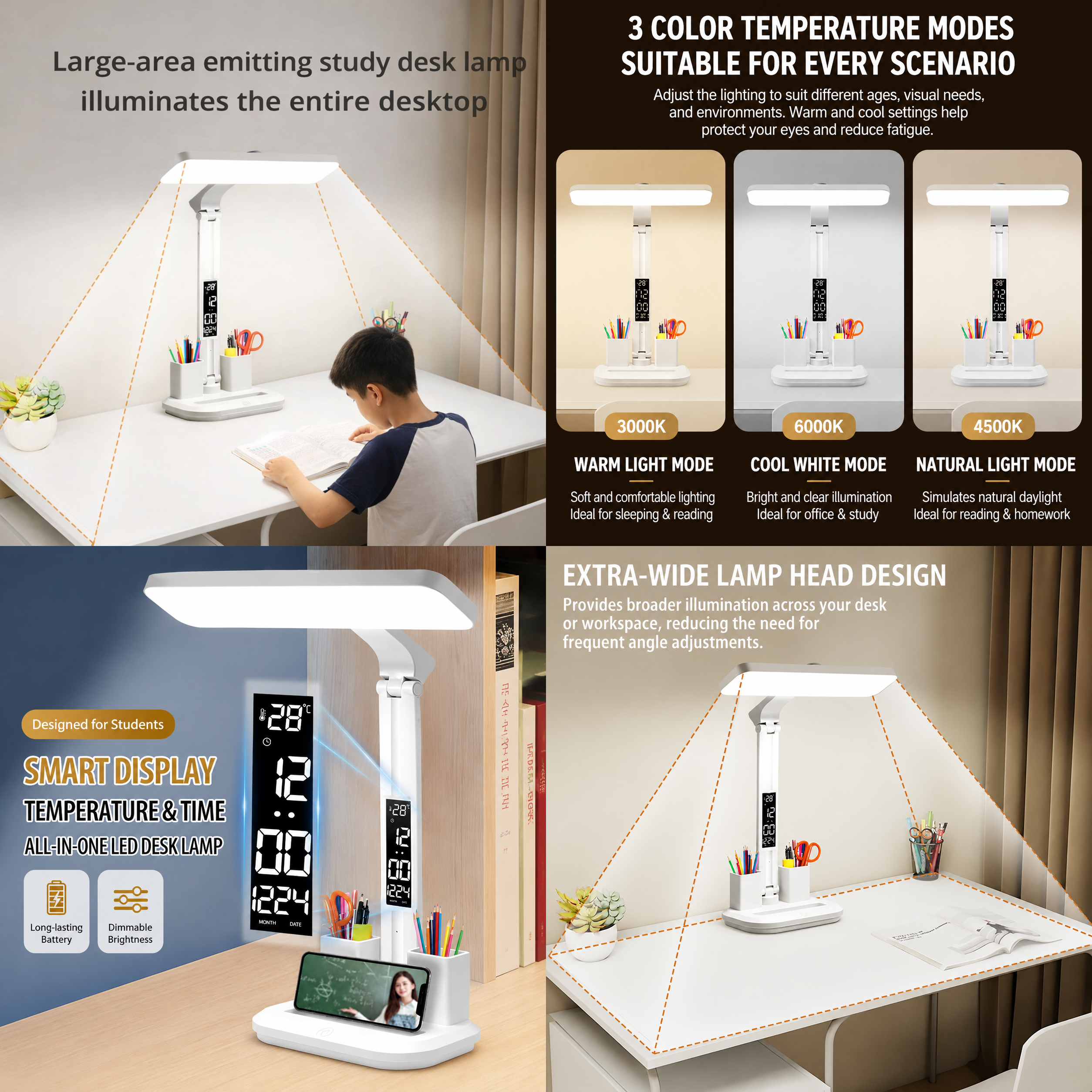 White 360 Degree Rotating Tablet Stand and Foldable LED Desk Lamp Study Set Adjustable Reading Light with Display Screen Desktop Organiser for Students Home Office Learning