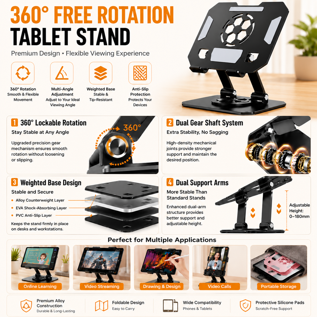 White 360 Degree Rotating Tablet Stand and Foldable LED Desk Lamp Study Set Adjustable Reading Light with Display Screen Desktop Organiser for Students Home Office Learning