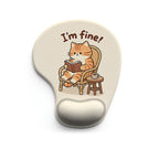 Ergonomic Gel Wrist Support Mouse Pad Pattern of a cat sitting in a chair reading a book (I'm fine!)  Soft silicone wrist rest, desktop accessory, suitable for office, home, and gaming
