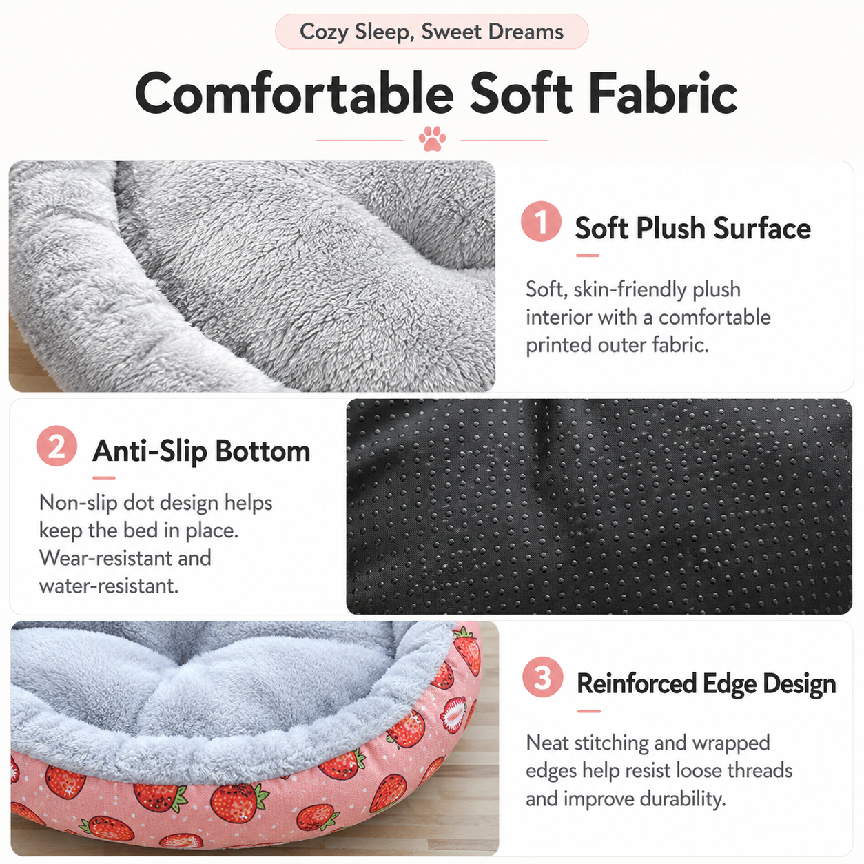 Round Pet Bed for Small Dogs and Cats, Soft Plush Calming Cat Bed with Strawberry Pattern, Cozy Washable Puppy Sleeping Mat, Non Slip Bottom Pet Cushion for Indoor Home Use(Diameter: 45cm)