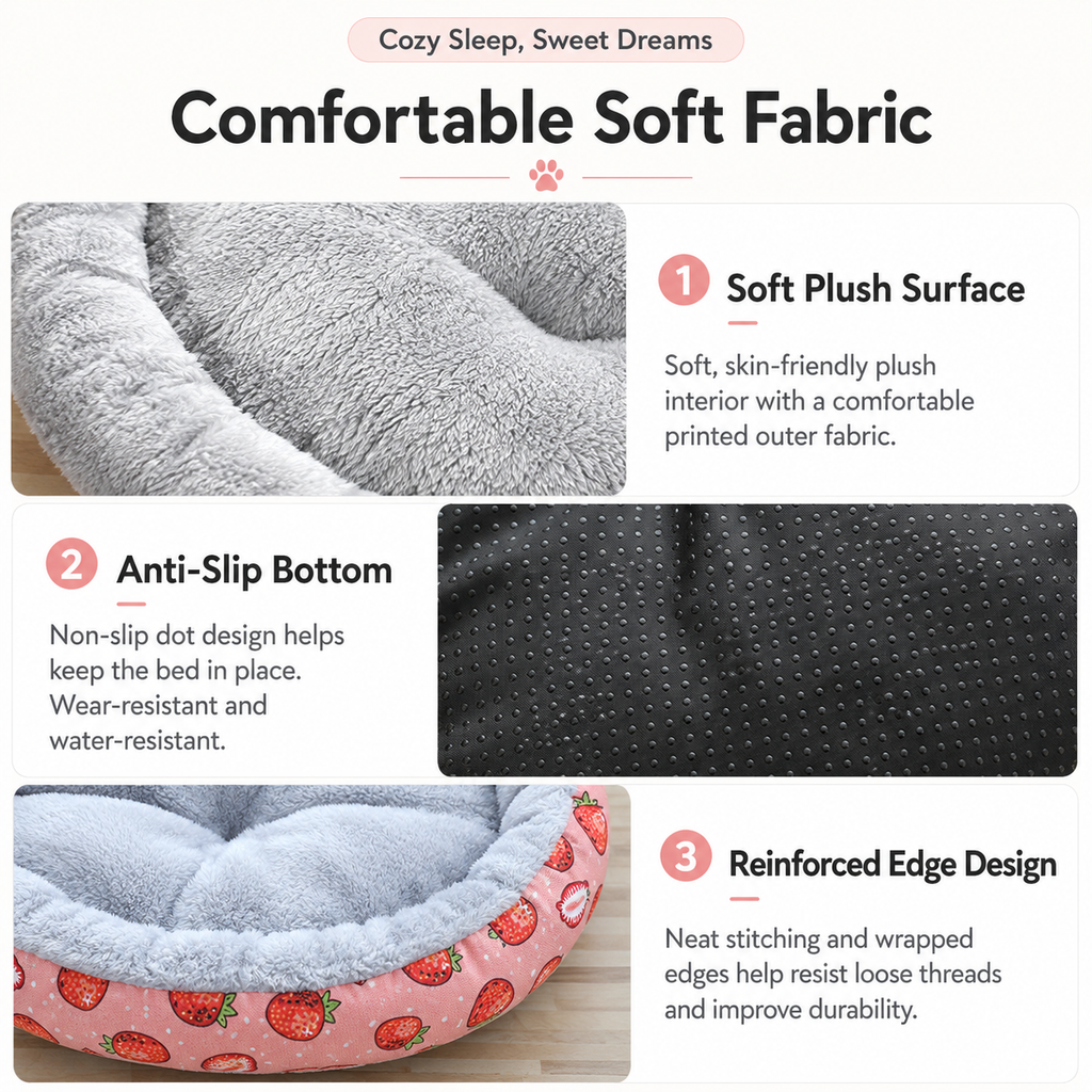 Round Pet Bed for Small Dogs and Cats, Soft Plush Calming Cat Bed with Strawberry Pattern, Cozy Washable Puppy Sleeping Mat, Non Slip Bottom Pet Cushion for Indoor Home Use(Diameter: 60cm)