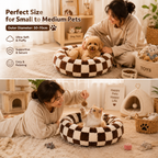 Small Medium Pet Donut Bed (Coffee plaid) -50cm outer diameter, Soft Plush Round Dog Bed and Cat Bed with Raised Rim, Cozy Calming Pet Sleeping Cushion, Checkered Washable Puppy Bed for Indoor Small Dogs Cats and Kittens