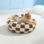Small Medium Pet Donut Bed (Coffee plaid)-60cm outer diameter, Soft Plush Round Dog Bed and Cat Bed with Raised Rim, Cozy Calming Pet Sleeping Cushion, Checkered Washable Puppy Bed for Indoor Small Dogs Cats and Kittens