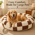Medium Large Pet Donut Bed (Coffee plaid)-80cm outer diameter, Soft Plush Round Dog Bed and Cat Bed with Raised Rim, Cozy Calming Pet Sleeping Cushion, Checkered Washable Dog Bed for Medium Large Dogs and Cats