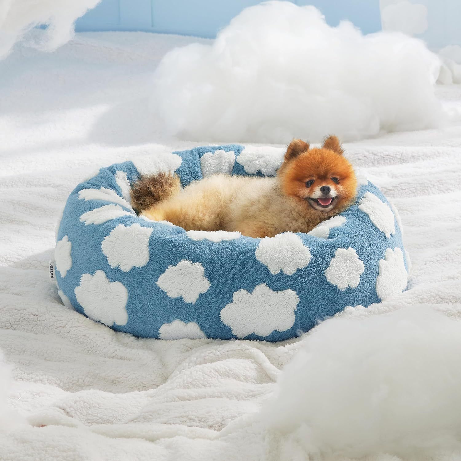 Small Medium Pet Donut Bed-50cm outer diameter, Soft Plush Round Dog Bed and Cat Bed with Raised Rim, Cozy Calming Pet Sleeping Cushion, Blue Cloud Pattern Washable Pet Bed for Small Medium Dogs Cats Puppies and Kittens