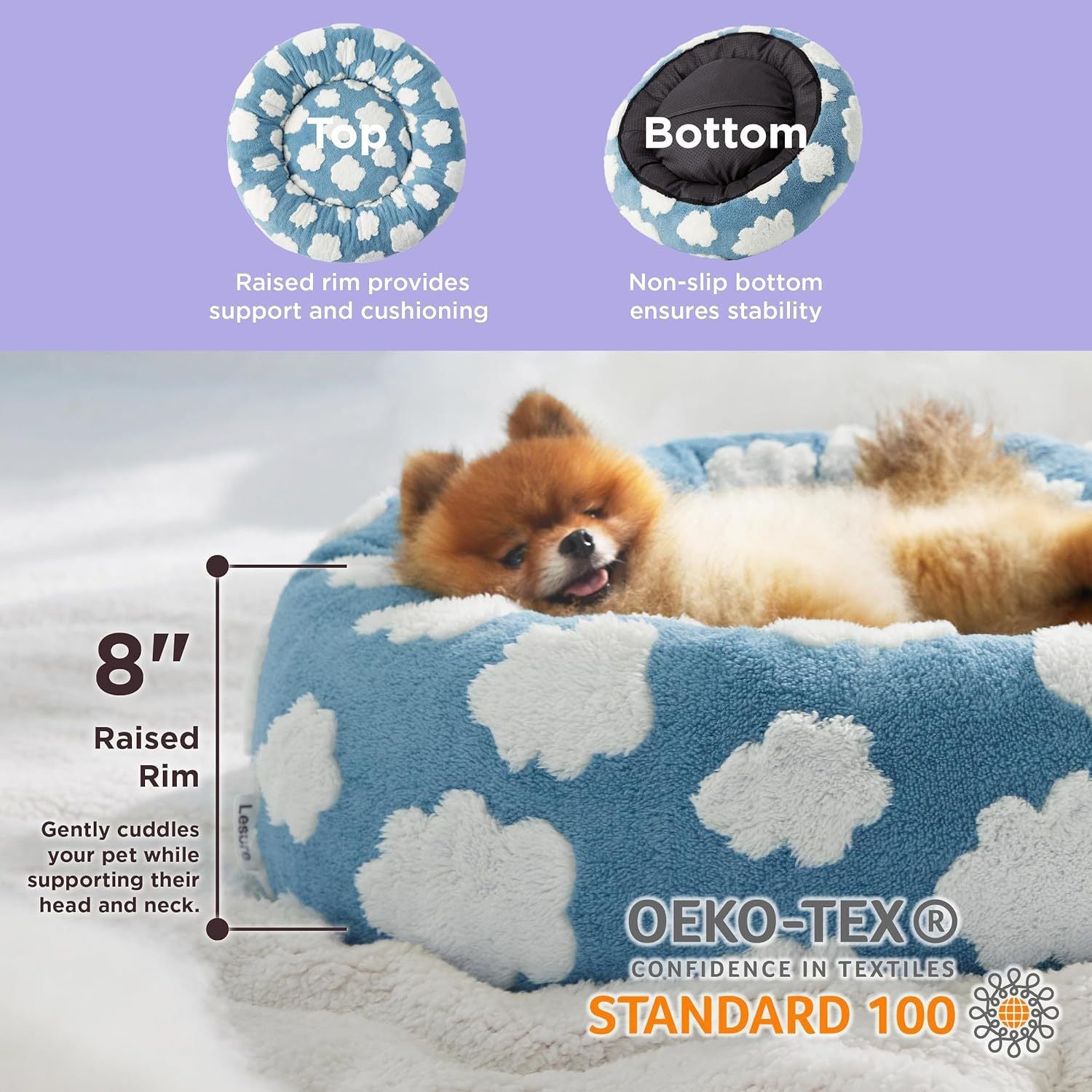 Small Medium Pet Donut Bed-60cm outer diameter, Soft Plush Round Dog Bed and Cat Bed with Raised Rim, Cozy Calming Pet Sleeping Cushion, Blue Cloud Pattern Washable Pet Bed for Small Medium Dogs Cats Puppies and Kittens