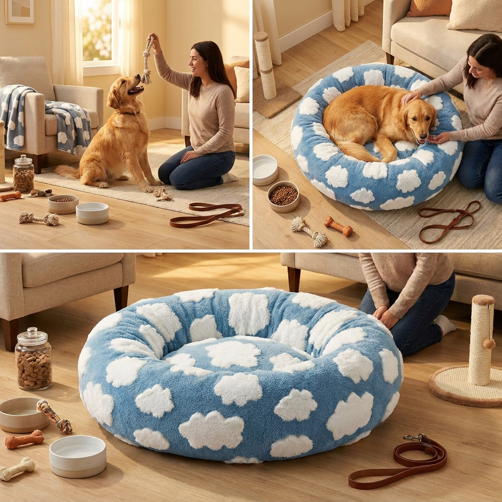 Medium Large Pet Donut Bed (Blue background with white clouds)-90cm outer diameter, Soft Plush Round Dog Bed and Cat Bed with Raised Rim, Cozy Calming Pet Sleeping Cushion, Blue Cloud Pattern Washable Pet Bed for Medium Large Dogs and Cats