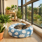 Medium Large Pet Donut Bed (Blue background with white clouds)-90cm outer diameter, Soft Plush Round Dog Bed and Cat Bed with Raised Rim, Cozy Calming Pet Sleeping Cushion, Blue Cloud Pattern Washable Pet Bed for Medium Large Dogs and Cats