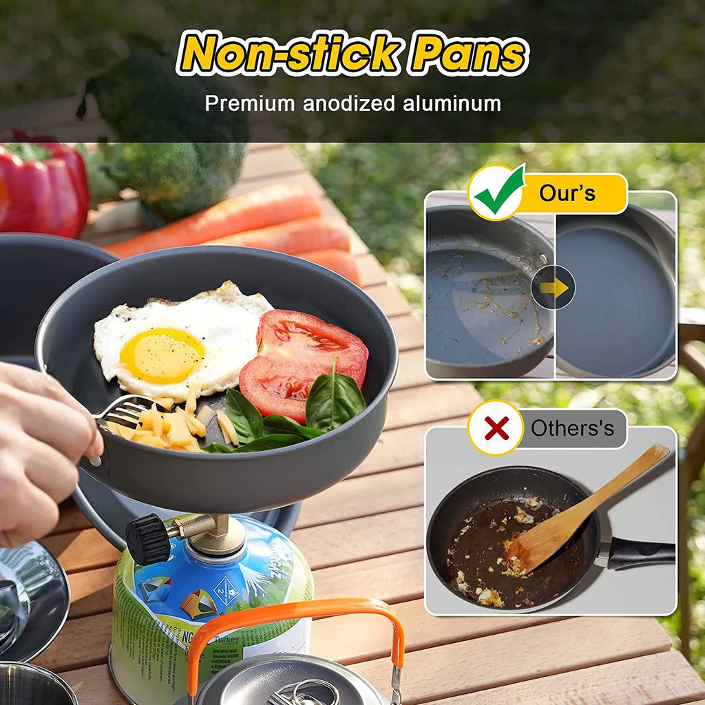 11PCS Black Camping Cookware Set – Lightweight Aluminium Camping Pots, Frying Pan, Kettle & Stainless Steel Cutlery, Portable Non-Stick Outdoor Cooking Set for 2-3 Person Camping, Hiking, Backpacking & Picnic