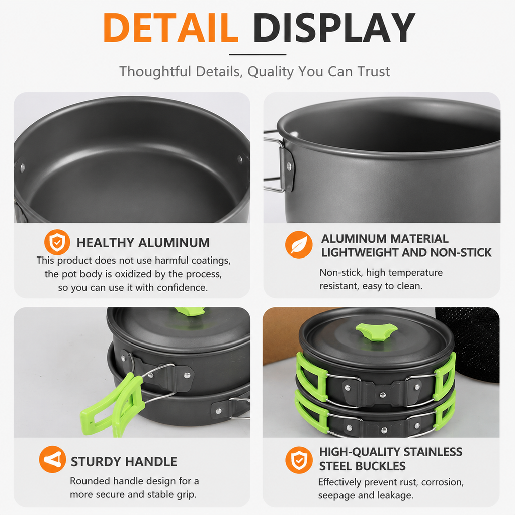 Green Camping Cookware Set for 2–3 People – Portable Outdoor Cooking Pot, Frying Pan & 1.1L Kettle Kit with Stainless Steel Plates, Cups & Cutlery, Lightweight Non-Stick Camping Cook Set for Hiking, Picnic, Backpacking & RV Travel