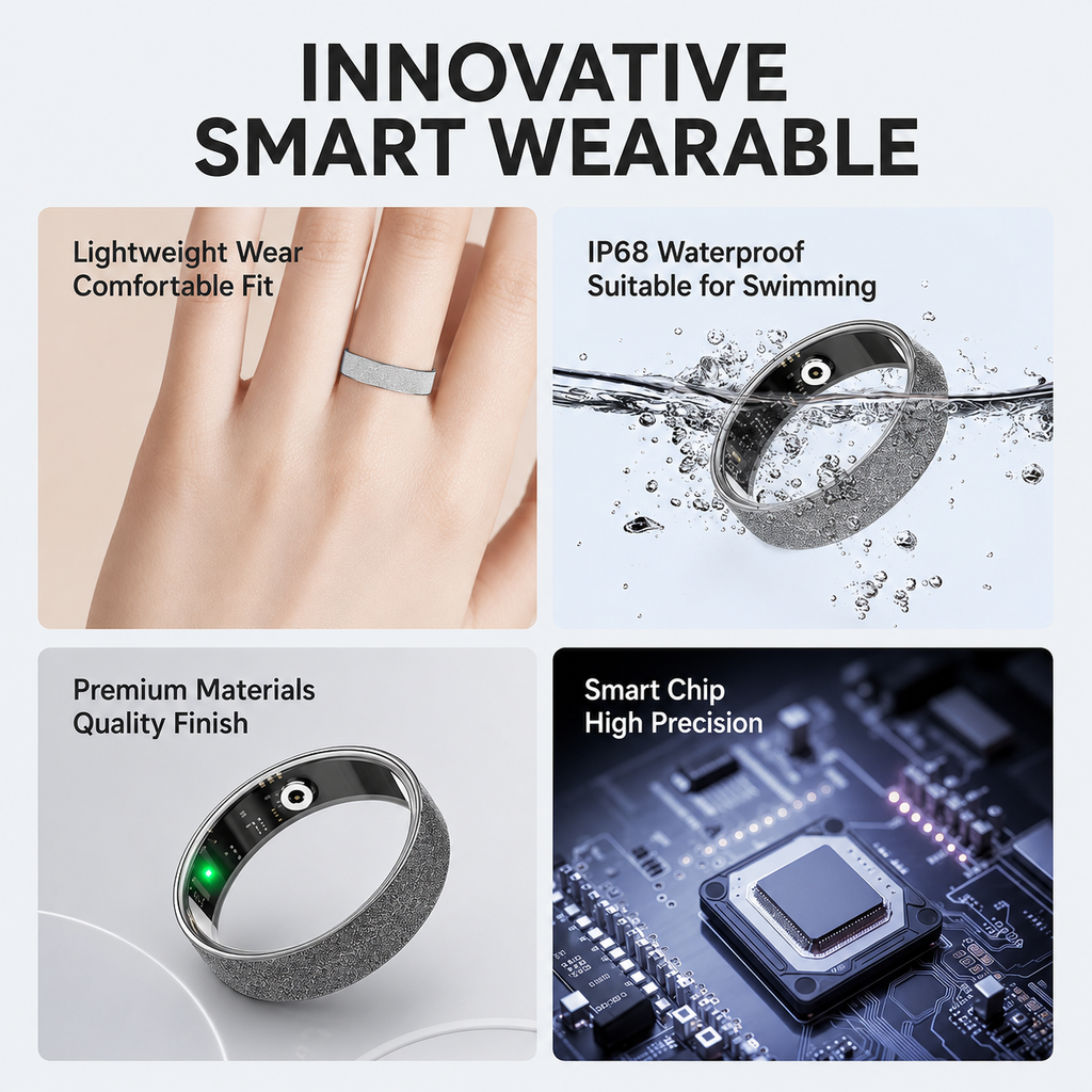 Smart Ring Size 8 (Silver) – Frosted Silver Wellness Tracker with Heart Rate, Blood Oxygen, Sleep, Steps and Mood Monitoring, IP68 Waterproof USB Magnetic Charging Ring