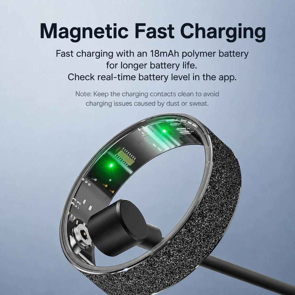 Smart Ring Size 9 (Silver) – Frosted Silver Wellness Tracker with Heart Rate, Blood Oxygen, Sleep, Steps and Mood Monitoring, IP68 Waterproof USB Magnetic Charging Ring
