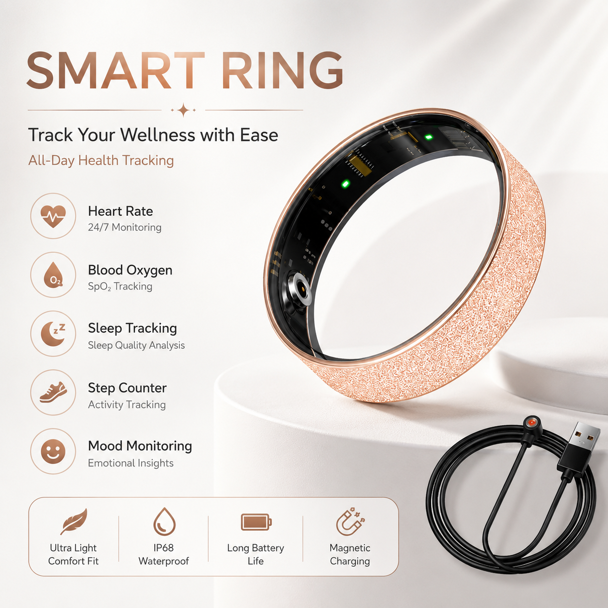 Smart Ring Size 12 (Rose Gold) – Frosted Rose Gold Wellness Tracker with Heart Rate, Blood Oxygen, Sleep, Steps and Mood Monitoring, IP68 Waterproof USB Magnetic Charging Ring