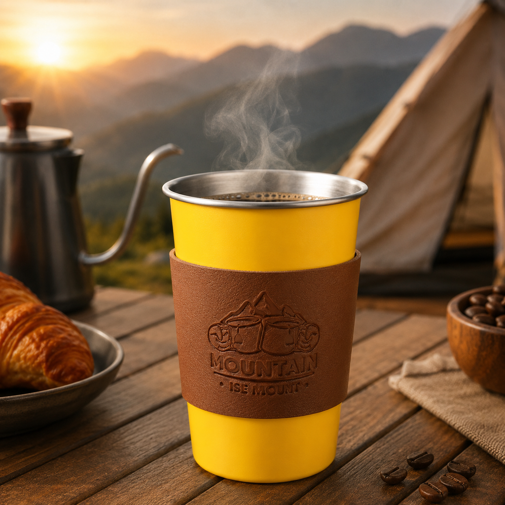 Yellow 304 Stainless Steel Camping Coffee Cup  with Leather Sleeve – 500ml Portable Outdoor Drinking Cup, Beer Cup, Travel Mug for Camping, Hiking, Picnic and Daily Coffee