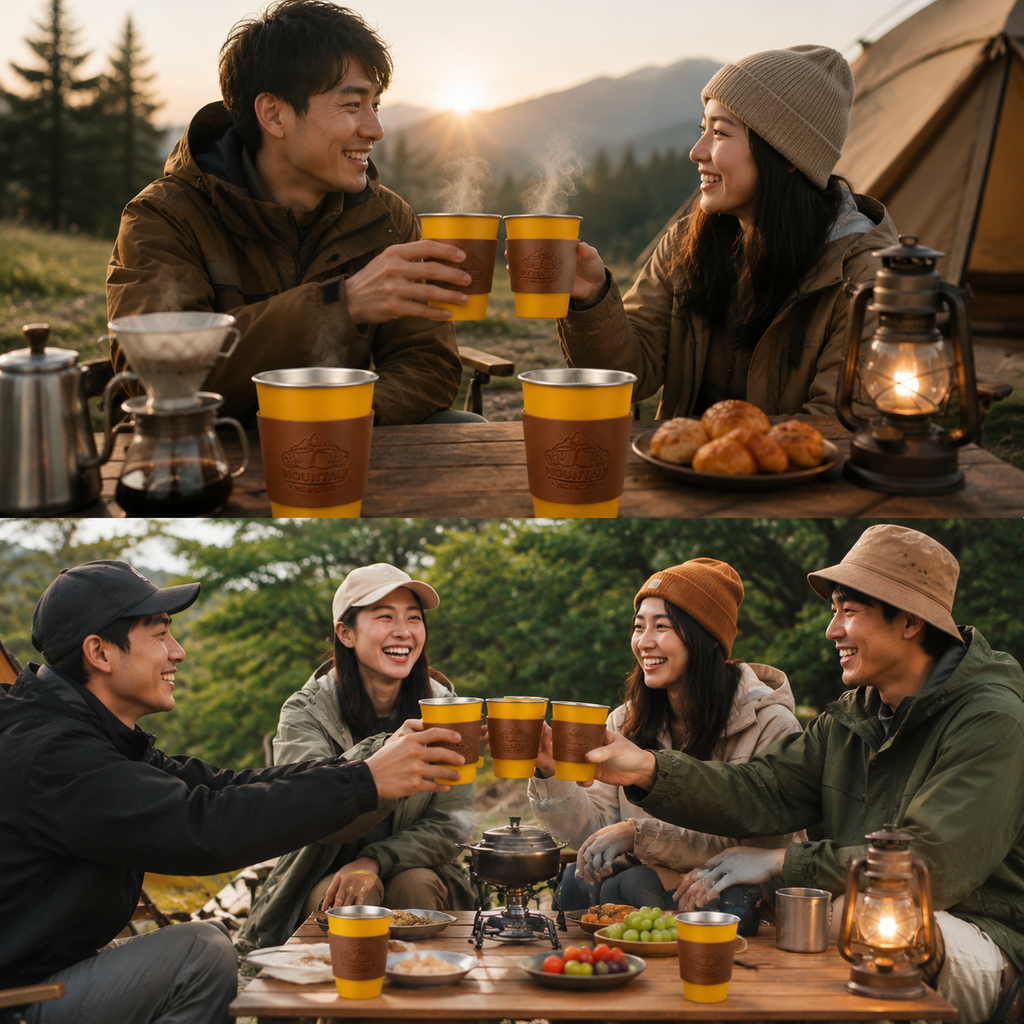 Yellow 304 Stainless Steel Camping Coffee Cup  with Leather Sleeve – 500ml Portable Outdoor Drinking Cup, Beer Cup, Travel Mug for Camping, Hiking, Picnic and Daily Coffee