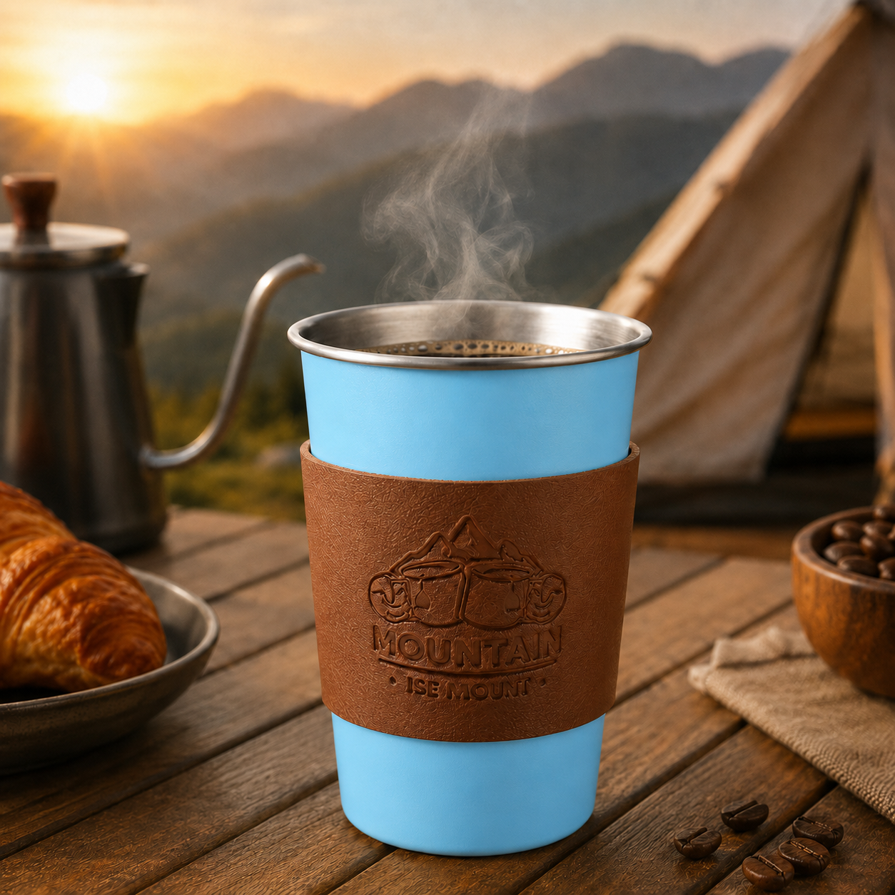 Blue 304 Stainless Steel Camping Coffee Cup  with Leather Sleeve – 500ml Portable Outdoor Drinking Cup, Beer Cup, Travel Mug for Camping, Hiking, Picnic and Daily Coffee