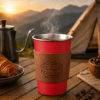 Red 304 Stainless Steel Camping Coffee Cup  with Leather Sleeve – 500ml Portable Outdoor Drinking Cup, Beer Cup, Travel Mug for Camping, Hiking, Picnic and Daily Coffee