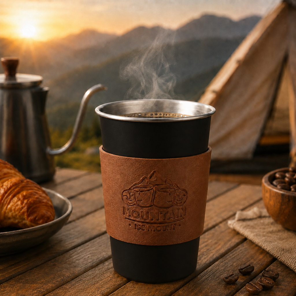 Black 304 Stainless Steel Camping Coffee Cup  with Leather Sleeve – 500ml Portable Outdoor Drinking Cup, Beer Cup, Travel Mug for Camping, Hiking, Picnic and Daily Coffee