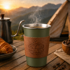 Green 304 Stainless Steel Camping Coffee Cup  with Leather Sleeve – 500ml Portable Outdoor Drinking Cup, Beer Cup, Travel Mug for Camping, Hiking, Picnic and Daily Coffee
