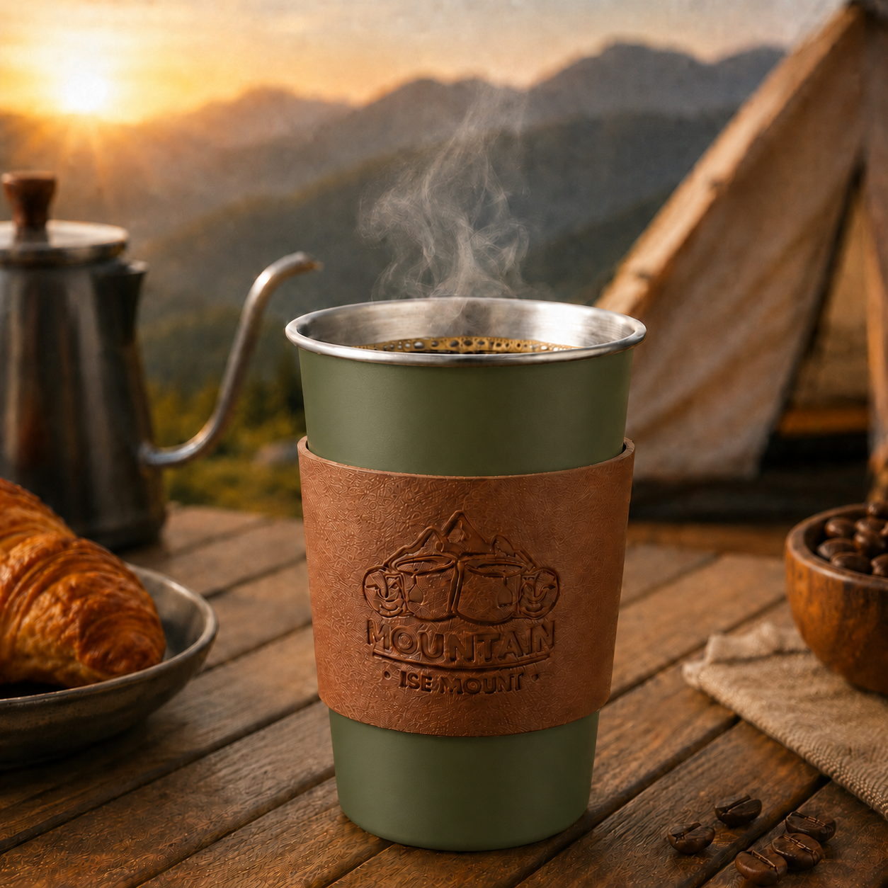 Green 304 Stainless Steel Camping Coffee Cup  with Leather Sleeve – 500ml Portable Outdoor Drinking Cup, Beer Cup, Travel Mug for Camping, Hiking, Picnic and Daily Coffee