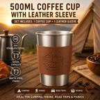 Silver 304 Stainless Steel Camping Coffee Cup  with Leather Sleeve – 500ml Portable Outdoor Drinking Cup, Beer Cup, Travel Mug for Camping, Hiking, Picnic and Daily Coffee