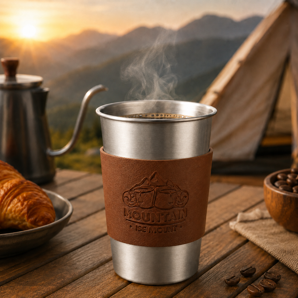 Silver 304 Stainless Steel Camping Coffee Cup  with Leather Sleeve – 500ml Portable Outdoor Drinking Cup, Beer Cup, Travel Mug for Camping, Hiking, Picnic and Daily Coffee