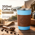 Blue 304 Stainless Steel Camping Coffee Cup  with Leather Sleeve – 350ml Portable Outdoor Drinking Cup, Beer Cup, Travel Mug for Camping, Hiking, Picnic and Daily Coffee