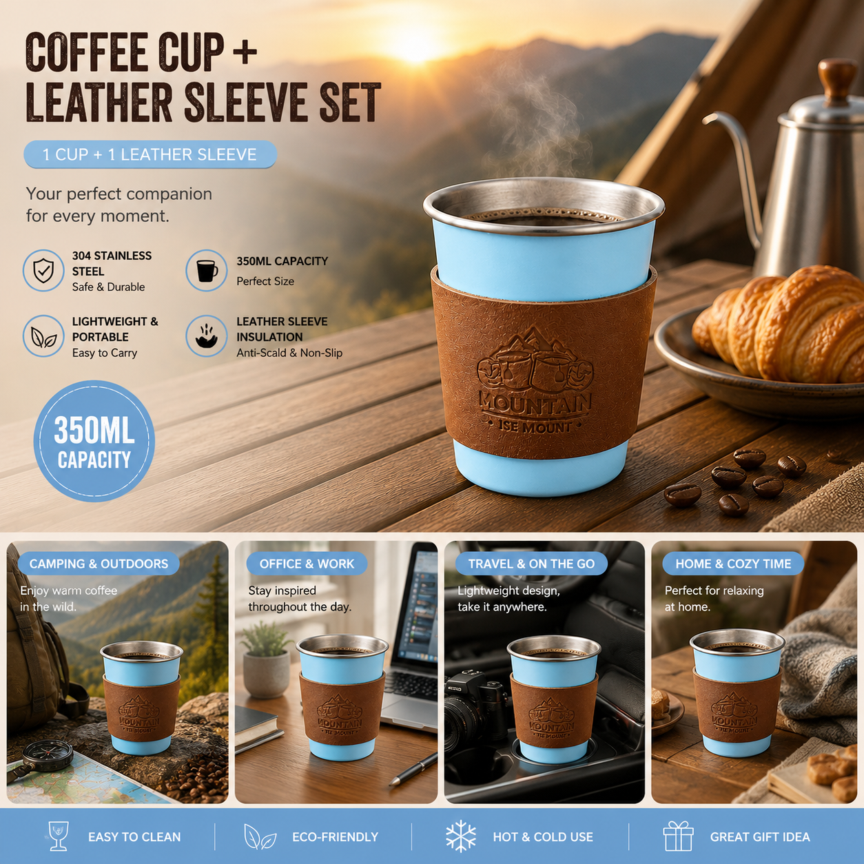 Blue 304 Stainless Steel Camping Coffee Cup  with Leather Sleeve – 350ml Portable Outdoor Drinking Cup, Beer Cup, Travel Mug for Camping, Hiking, Picnic and Daily Coffee