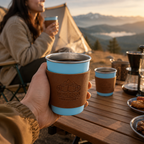 Blue 304 Stainless Steel Camping Coffee Cup  with Leather Sleeve – 350ml Portable Outdoor Drinking Cup, Beer Cup, Travel Mug for Camping, Hiking, Picnic and Daily Coffee