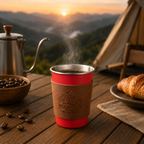 Red 304 Stainless Steel Camping Coffee Cup  with Leather Sleeve – 350ml Portable Outdoor Drinking Cup, Beer Cup, Travel Mug for Camping, Hiking, Picnic and Daily Coffee
