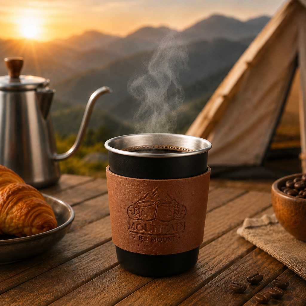 Black 304 Stainless Steel Camping Coffee Cup  with Leather Sleeve – 350ml Portable Outdoor Drinking Cup, Beer Cup, Travel Mug for Camping, Hiking, Picnic and Daily Coffee