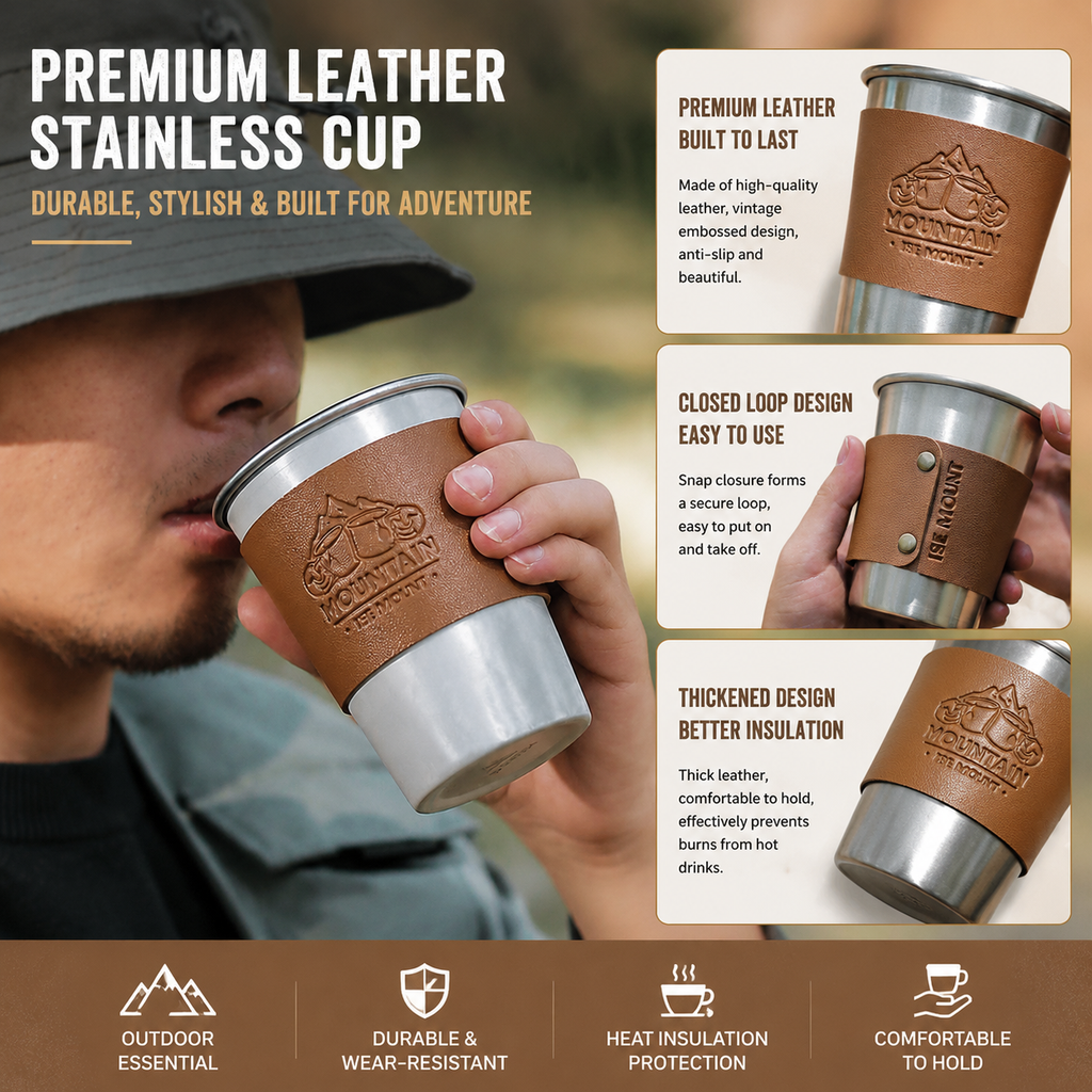 Black 304 Stainless Steel Camping Coffee Cup  with Leather Sleeve – 350ml Portable Outdoor Drinking Cup, Beer Cup, Travel Mug for Camping, Hiking, Picnic and Daily Coffee