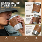 Black 304 Stainless Steel Camping Coffee Cup  with Leather Sleeve – 350ml Portable Outdoor Drinking Cup, Beer Cup, Travel Mug for Camping, Hiking, Picnic and Daily Coffee