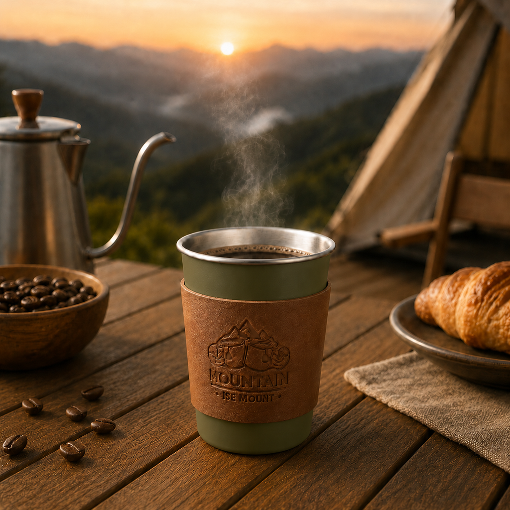 Green 304 Stainless Steel Camping Coffee Cup  with Leather Sleeve – 350ml Portable Outdoor Drinking Cup, Beer Cup, Travel Mug for Camping, Hiking, Picnic and Daily Coffee