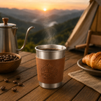 Silver 304 Stainless Steel Camping Coffee Cup  with Leather Sleeve – 350ml Portable Outdoor Drinking Cup, Beer Cup, Travel Mug for Camping, Hiking, Picnic and Daily Coffee
