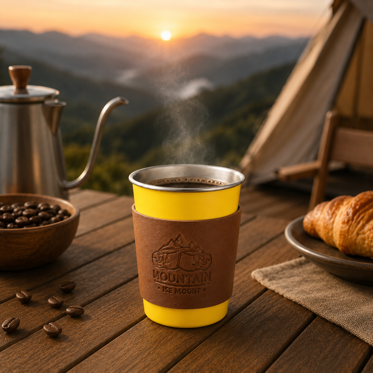 Yellow 304 Stainless Steel Camping Coffee Cup  with Leather Sleeve – 350ml Portable Outdoor Drinking Cup, Beer Cup, Travel Mug for Camping, Hiking, Picnic and Daily Coffee