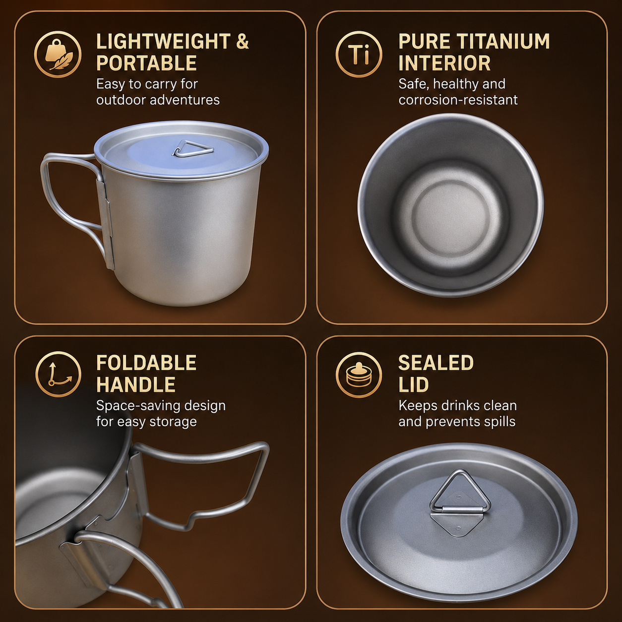 Camping Mug 400ml (13.53oz) with Lid – Ultra Lightweight Titanium Coffee Cup, Foldable Handle Outdoor Water Cup for Camping, Hiking, Travel, Backpacking and Adventure