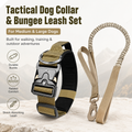 Khaki Tactical Dog Collar and Bungee Lead Set (M size) - Padded Quick Release Collar with Control Handle and Shock Absorbing Leash for Medium and Large Dogs