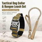 Khaki Tactical Dog Collar and Bungee Lead Set (L size) - Padded Quick Release Collar with Control Handle and Shock Absorbing Leash for Medium and Large Dogs