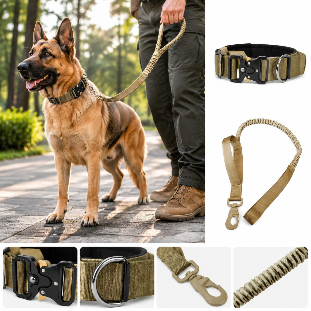 Khaki Tactical Dog Collar and Bungee Lead Set (L size) - Padded Quick Release Collar with Control Handle and Shock Absorbing Leash for Medium and Large Dogs