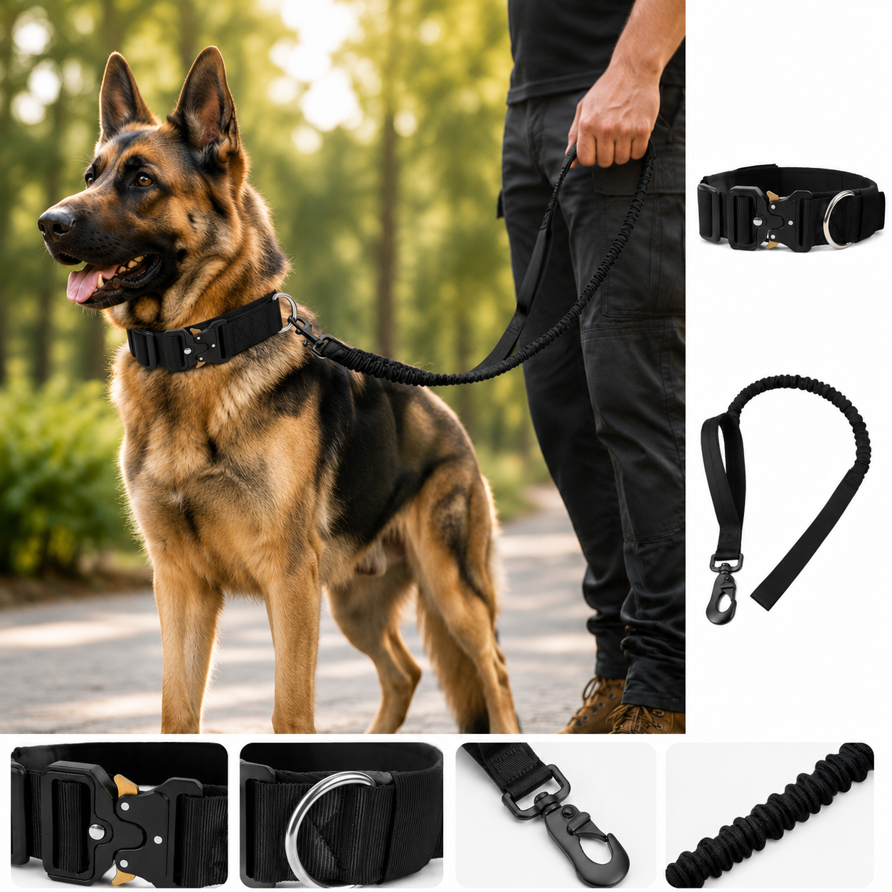 Black Tactical Dog Collar and Bungee Lead Set (XL size) - Padded Quick Release Collar with Control Handle and Shock Absorbing Leash for Medium and Large Dogs
