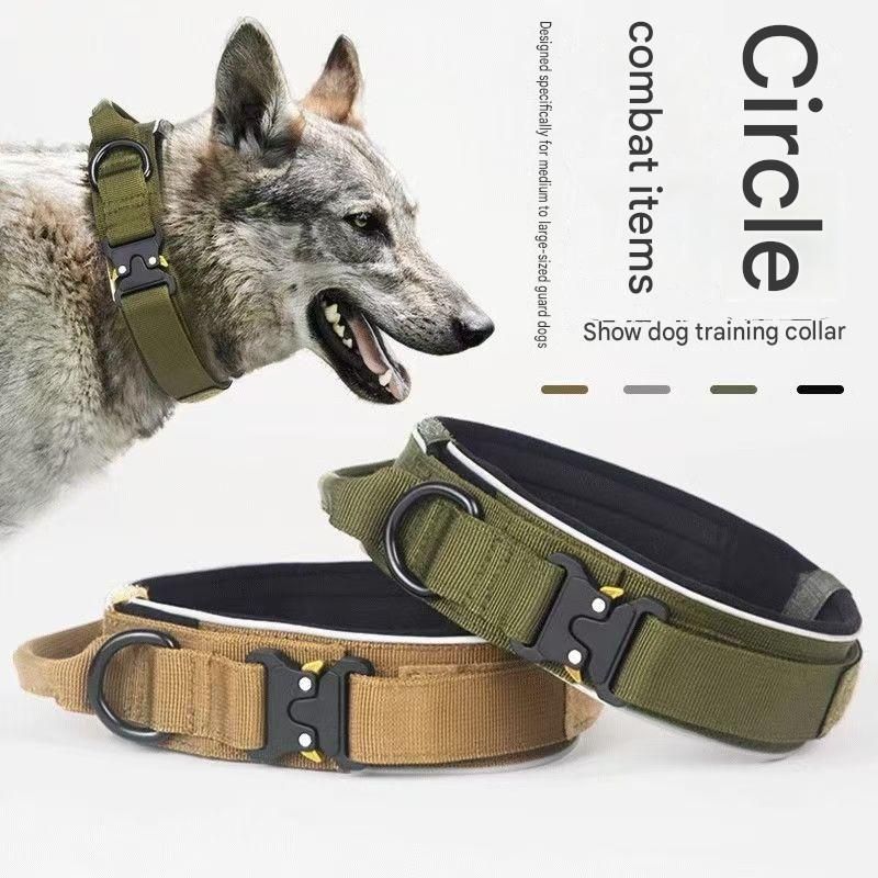 Blue Tactical Dog Collar for Large Dogs (M size)- Wide Padded Nylon Collar with Quick Release Metal Buckle, Control Handle and D-Ring for Walking and Training