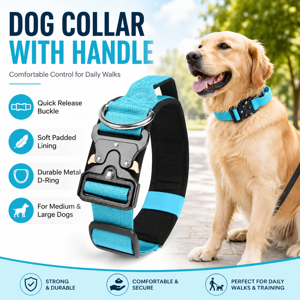 Blue Tactical Dog Collar for Large Dogs (XL size)- Wide Padded Nylon Collar with Quick Release Metal Buckle, Control Handle and D-Ring for Walking and Training
