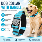 Blue Tactical Dog Collar for Large Dogs (XL size)- Wide Padded Nylon Collar with Quick Release Metal Buckle, Control Handle and D-Ring for Walking and Training