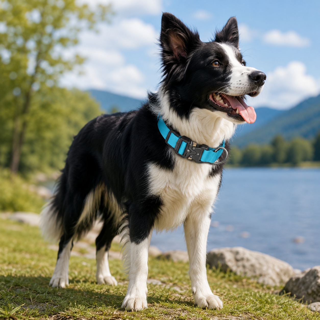 Blue Tactical Dog Collar for Large Dogs (XL size)- Wide Padded Nylon Collar with Quick Release Metal Buckle, Control Handle and D-Ring for Walking and Training