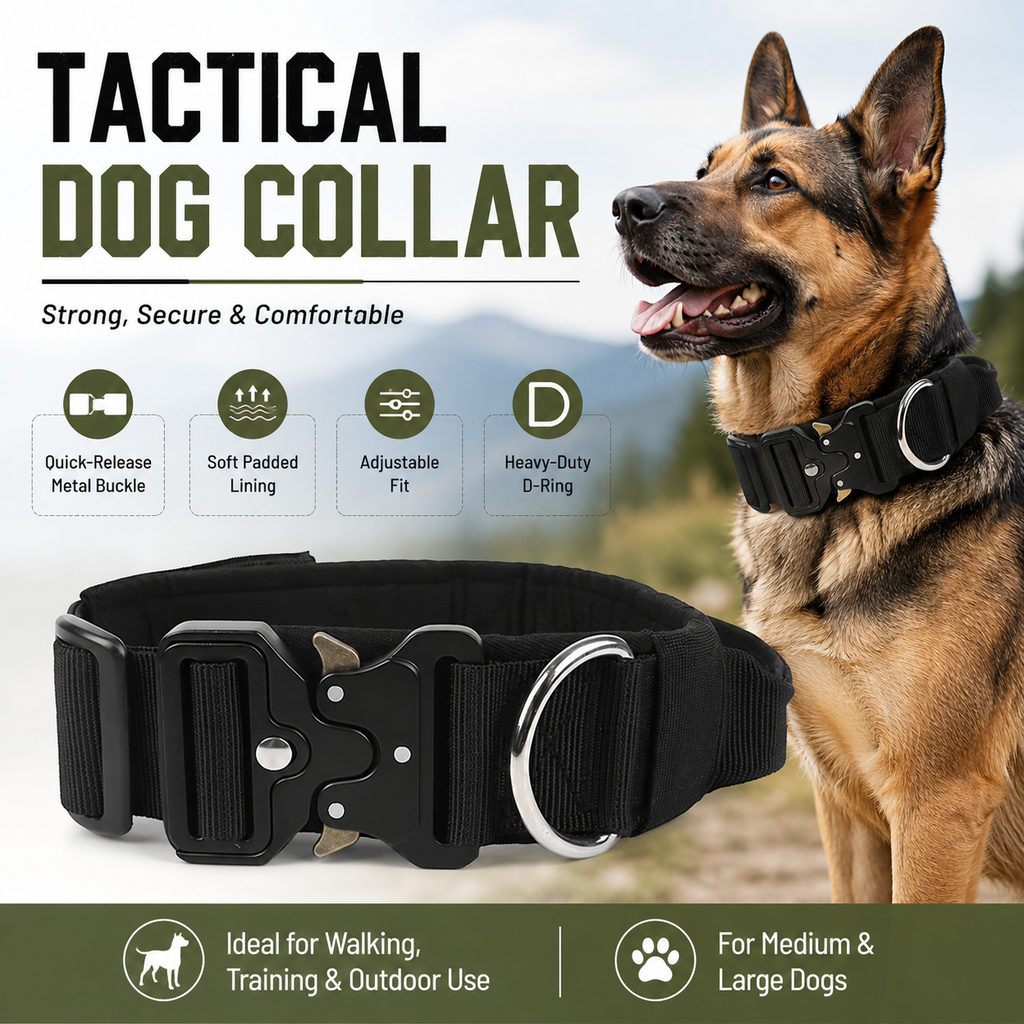 Black Tactical Dog Collar for Large Dogs (M size)- Wide Padded Nylon Collar with Quick Release Metal Buckle, Control Handle and D-Ring for Walking and Training