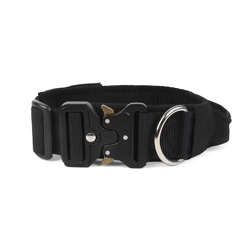 Black Tactical Dog Collar for Large Dogs (L size)- Wide Padded Nylon Collar with Quick Release Metal Buckle, Control Handle and D-Ring for Walking and Training