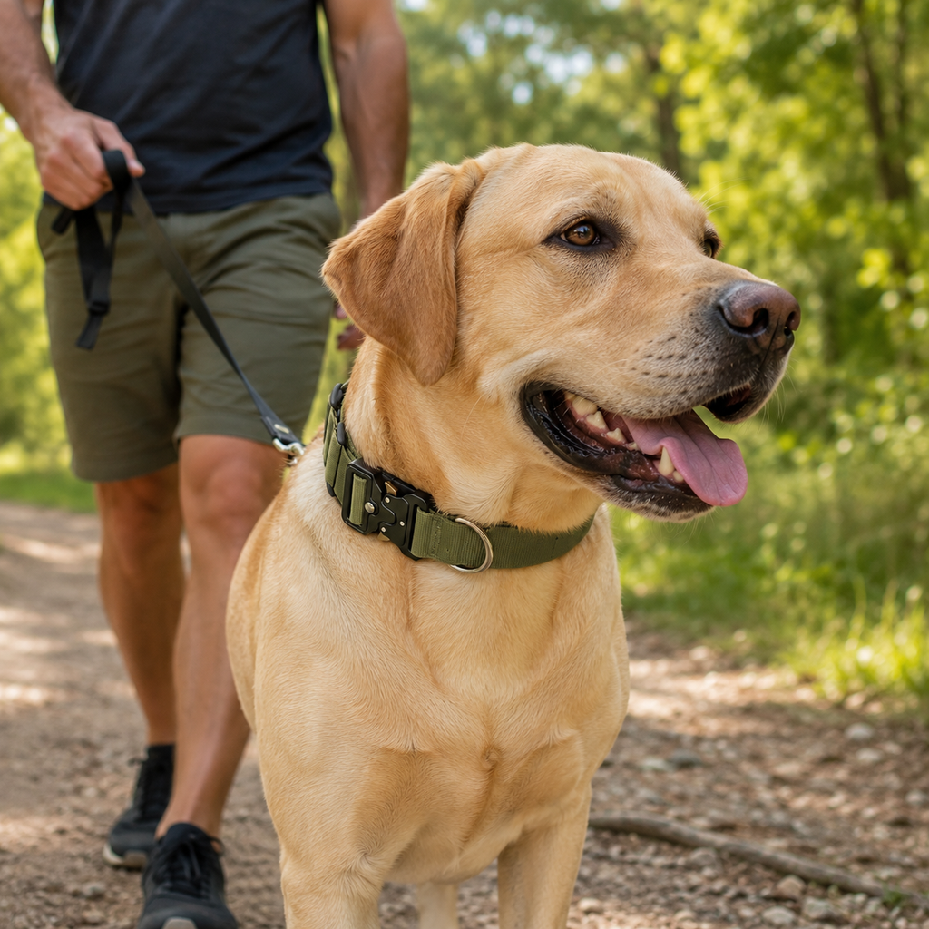 Green Tactical Dog Collar for Large Dogs (M size)- Wide Padded Nylon Collar with Quick Release Metal Buckle, Control Handle and D-Ring for Walking and Training