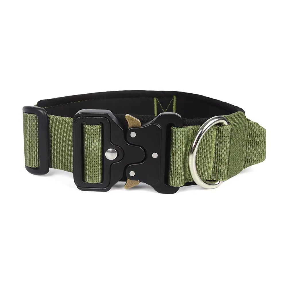 Green Tactical Dog Collar for Large Dogs (XL size)- Wide Padded Nylon Collar with Quick Release Metal Buckle, Control Handle and D-Ring for Walking and Training